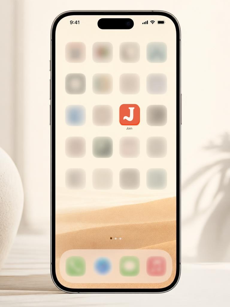 Écran d'accueil d'un iPhone avec l'icône orange Join ajoutée parmi les autres applications